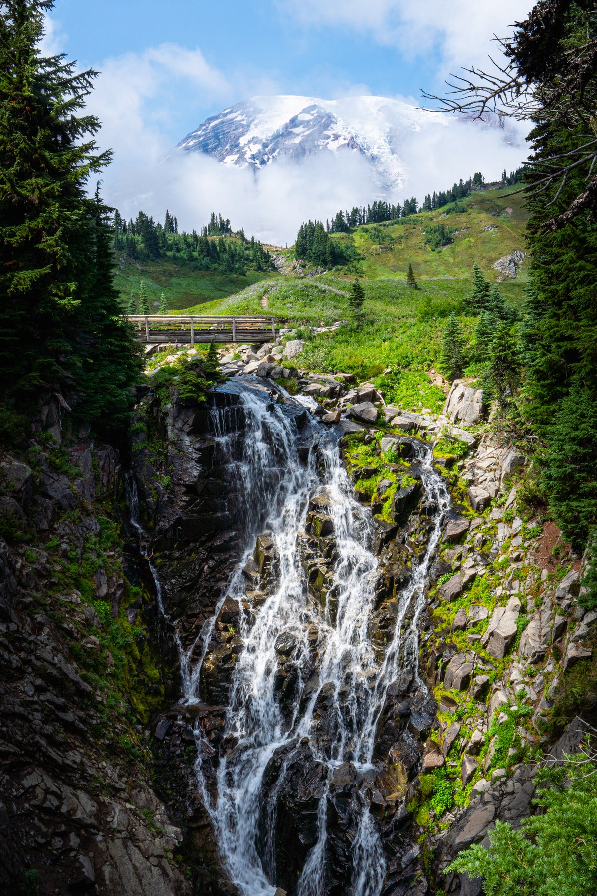 Mount Rainier with Edith Creek Falls- Acrylic Block
Rectangular portrait image of glacier-clad Mount Rainier rising above above Edith Creek bridge and Falls.  The sky is bright blue, the hills bright green, and a tall waterfall streams over dark grey rocks in the foreground.